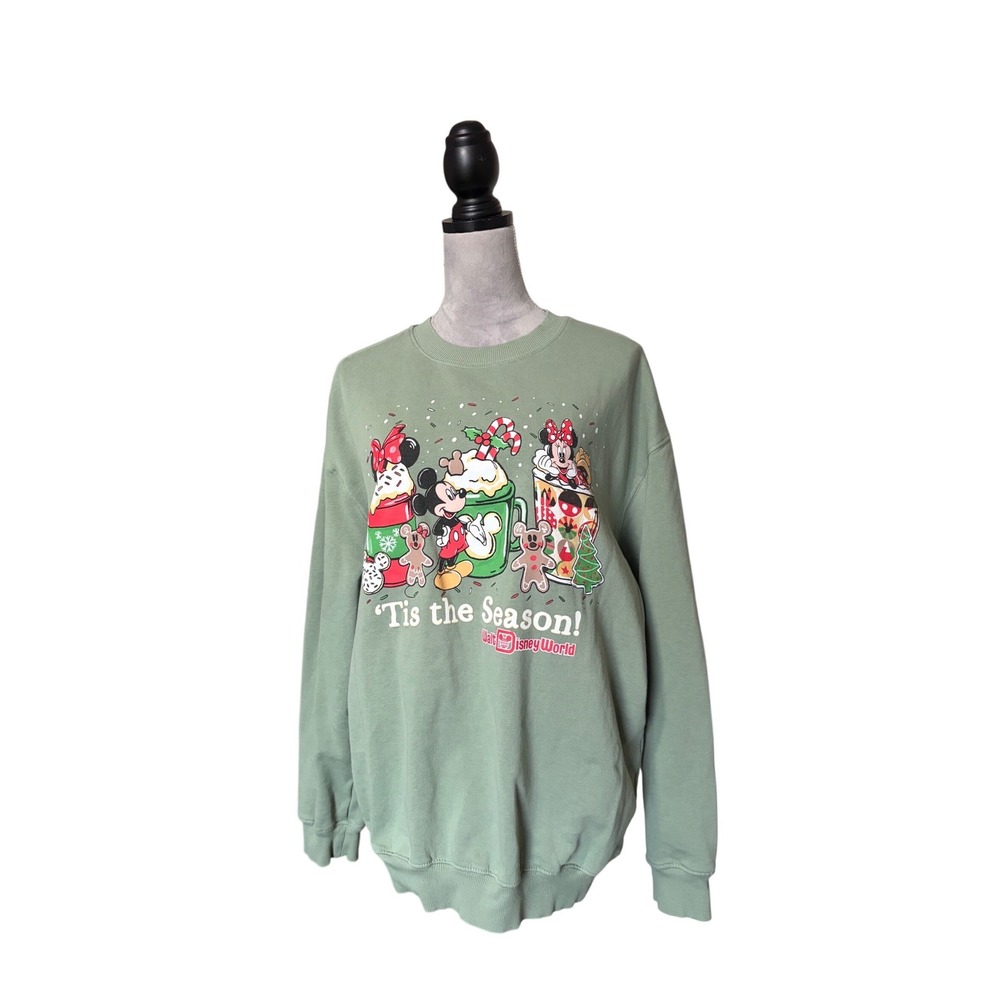 Disney Parks Walt Disney World Christmas Mickey Minnie Sweatshirt Sage Green XL